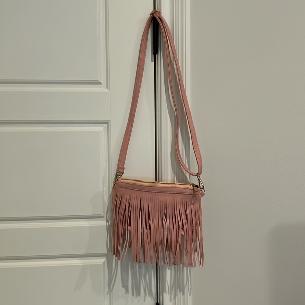 NWOT Small Pink Faux Leather Fringe Crossbody bag